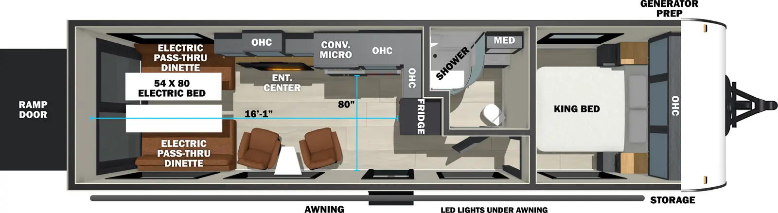 The Sandstorm 2730 floorplan is a toy hauler that has one entry and zero slide outs. Exterior features include: fiberglass exterior. Interiors features include: front bedroom.